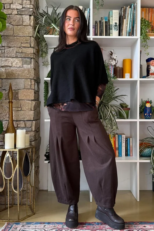 Oxford Stretch Herringbone Box Pleat Pant Chocolate